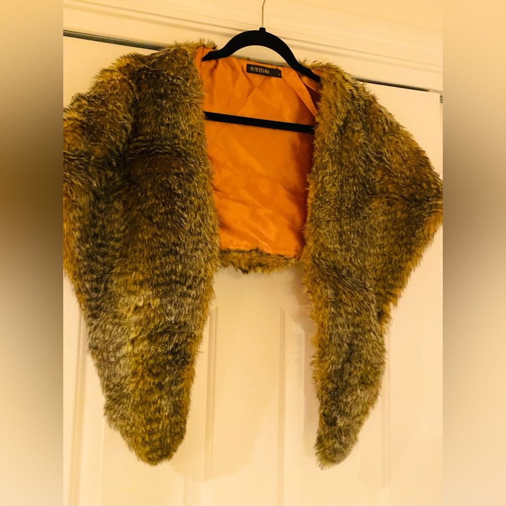 SUPERTRASH 60” Faux Fur Stole Wrap with golden orange shimmery lining.